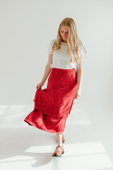 red floral tiered midi skirt