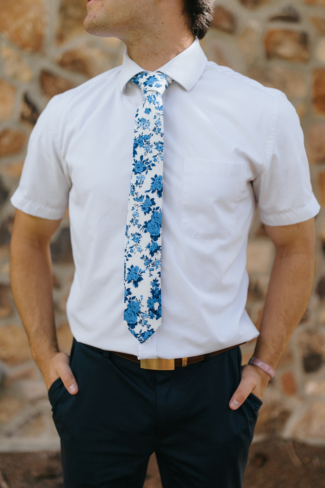 R&B White Tie w/ Blue Flower - Main Image