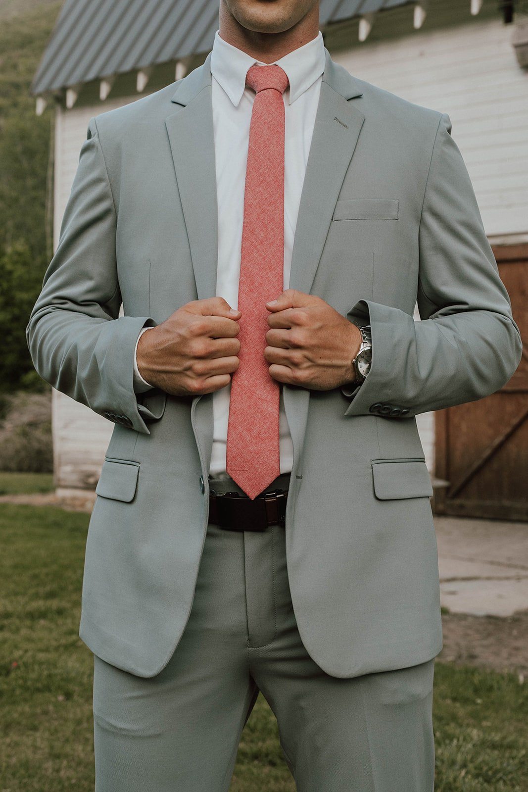 grey suit pink shirt brown shoes