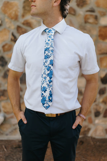 R&B White Tie w/ Blue Flower