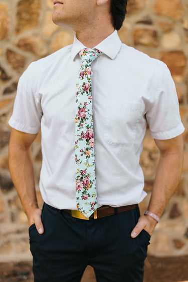 R&B Lt. Blue Tie w/ White, Green & Orange Flowers