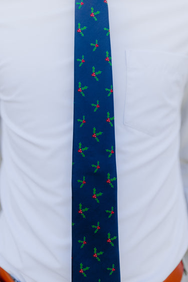 R&B Christmas Tie Microfiber Navy with Holly
