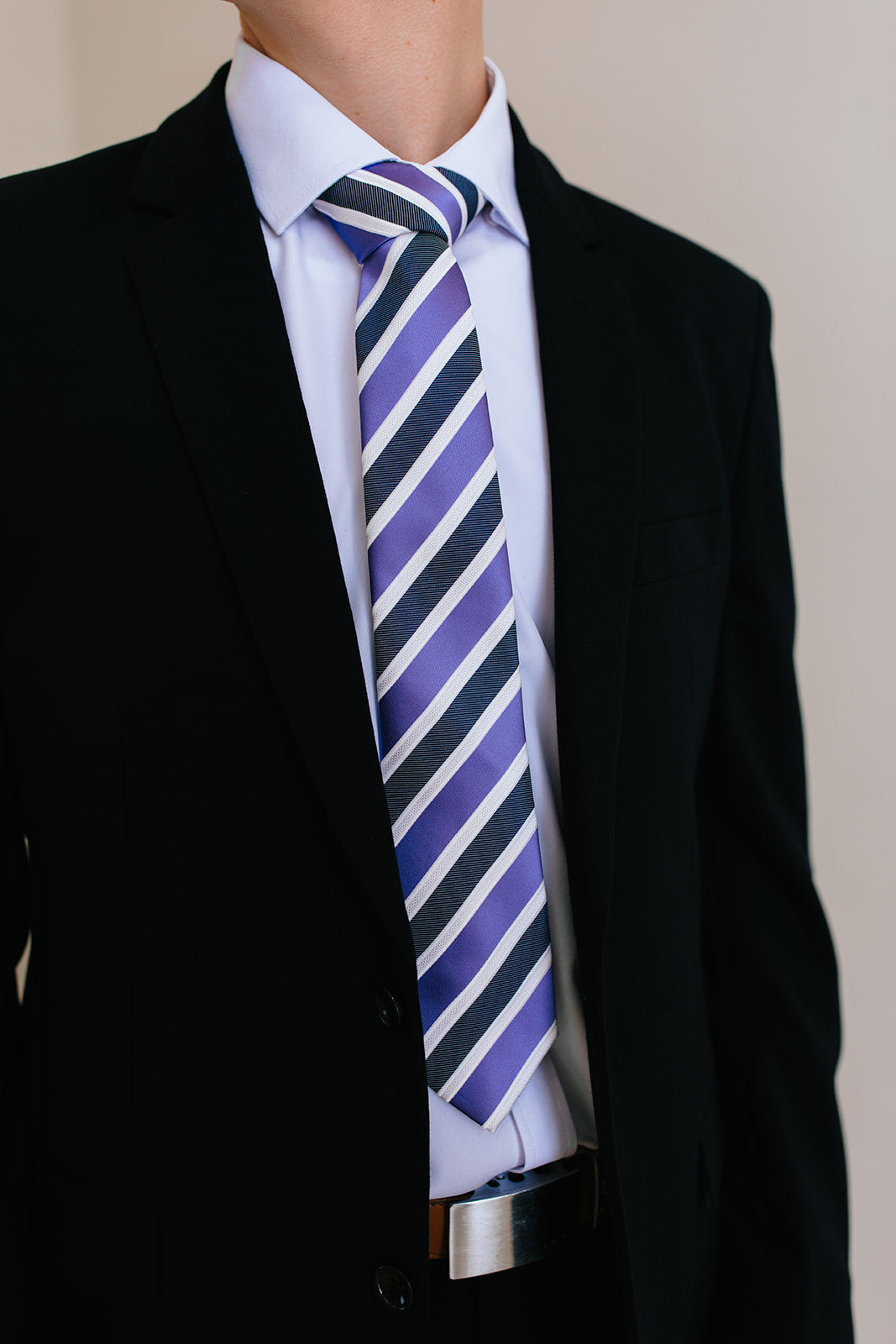 Ties - Washable Microfiber Tie Purple W/Navy & White Stripes