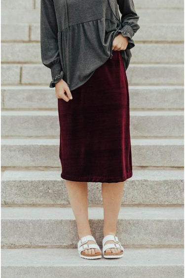 Skirts - Carrie Stretch Velvet Skirt Burgundy